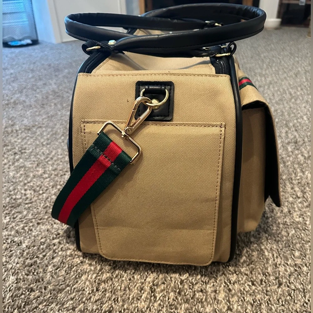 Tan Pet carrier bag with Striped Accents.